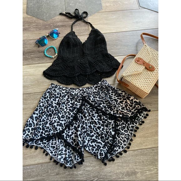 handmade Pants - Gorgeous goddess pompom shorts in leopard black